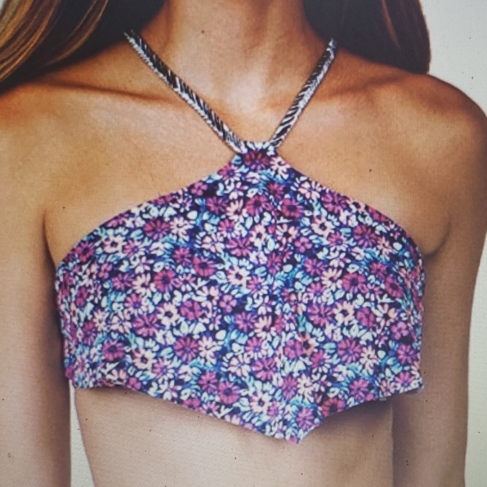 Raisins Macrame Back Bikini Top Floral High Neck